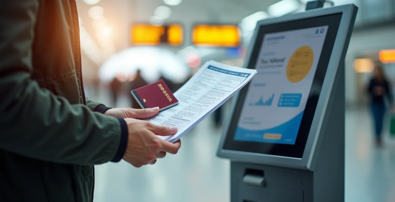 Voyageur utilisant la borne PABLO de détaxe à l'aéroport avant l'embarquement