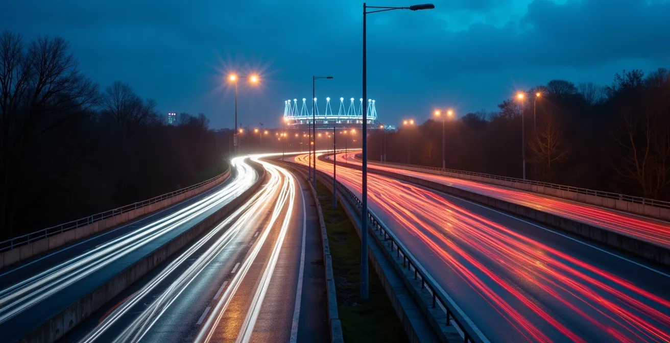 Vue nocturne des lignes de transport illuminées reliant Saint-Denis à Paris