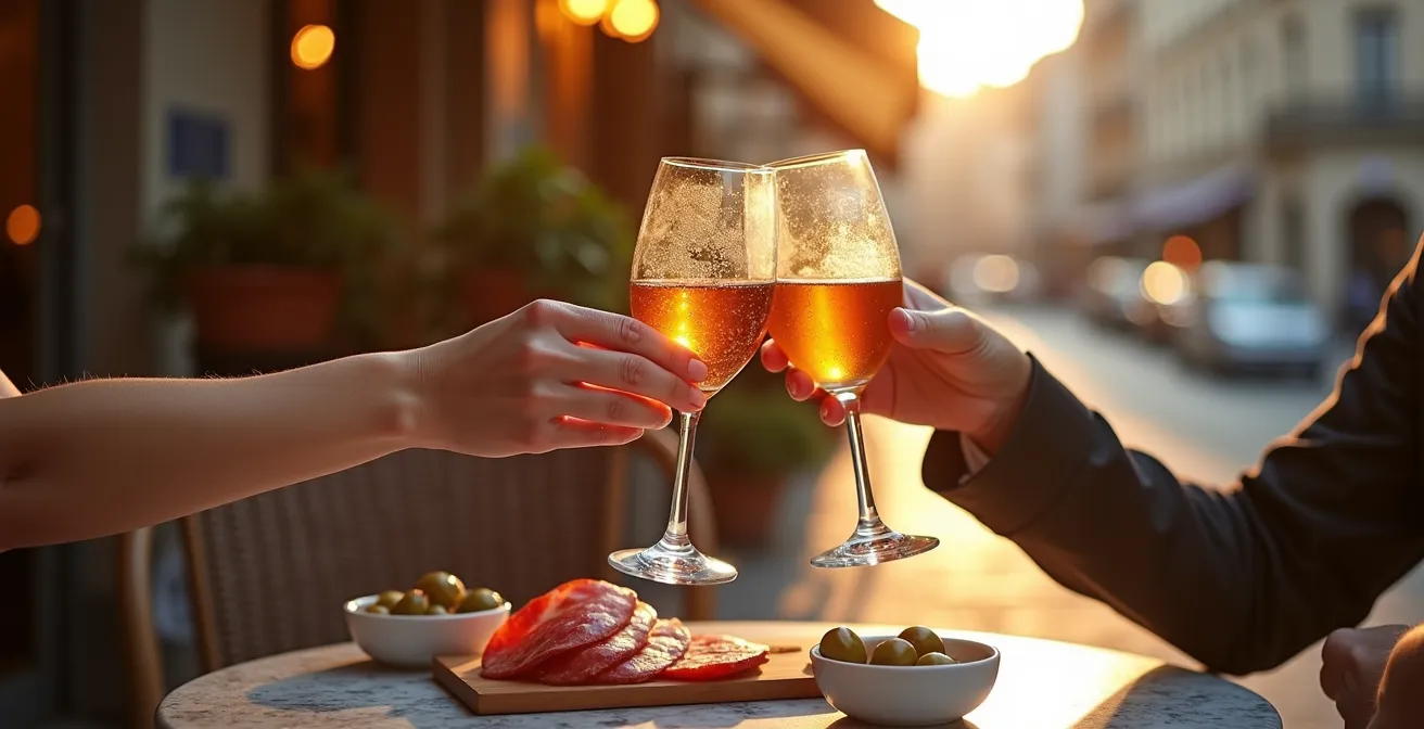 Table de bistrot avec verres d'apéritif et accompagnements traditionnels
