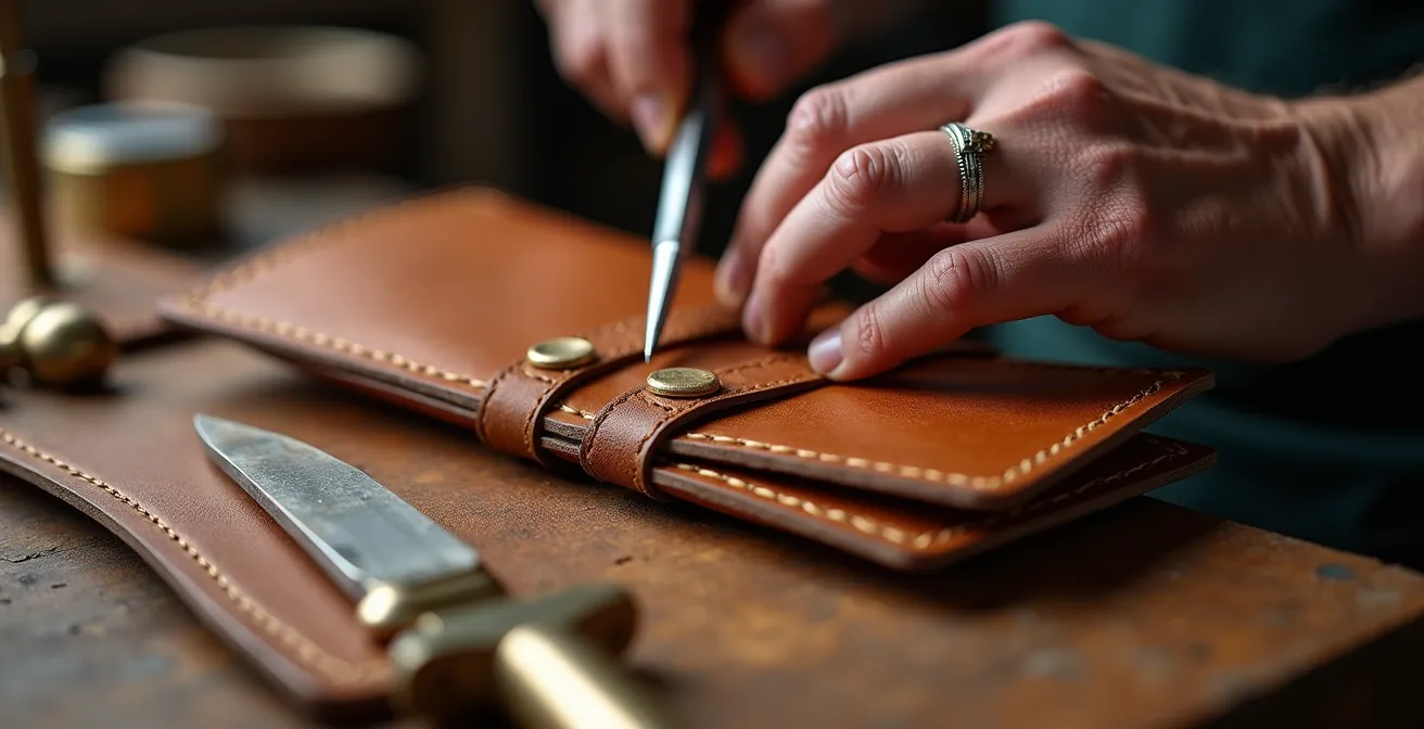 Artisan maroquinier français travaillant le cuir dans son atelier traditionnel
