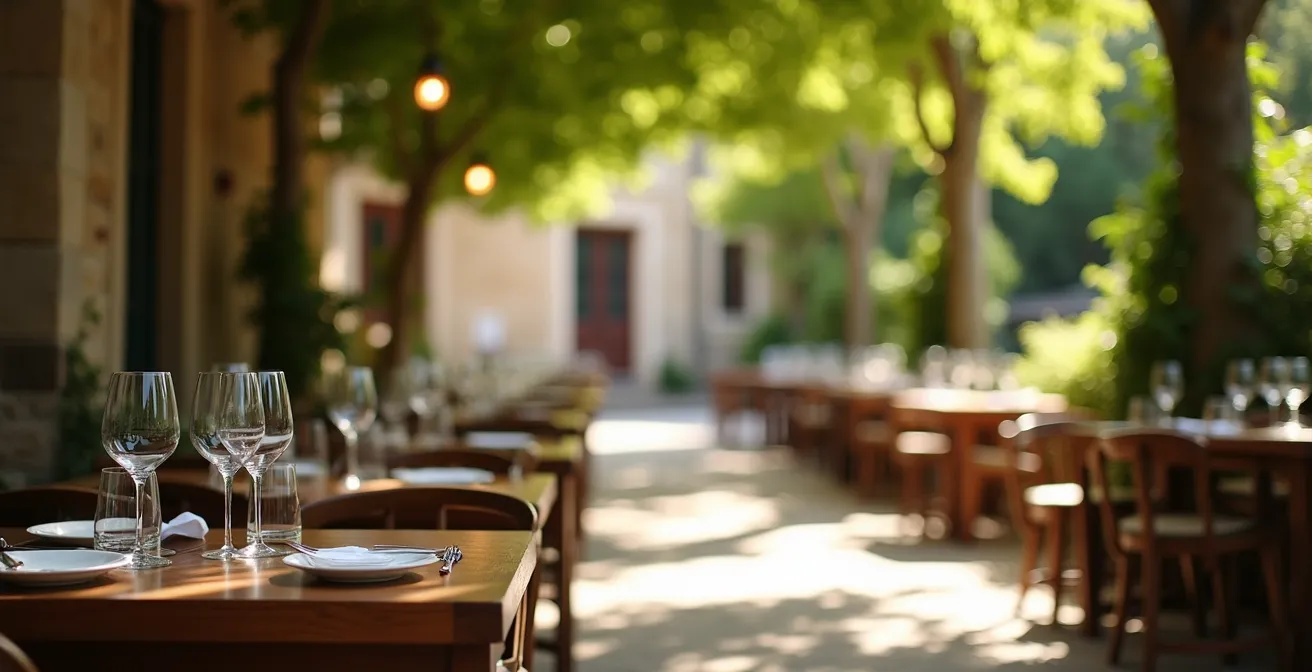 Terrasse d'auberge de village français avec tables sous les arbres