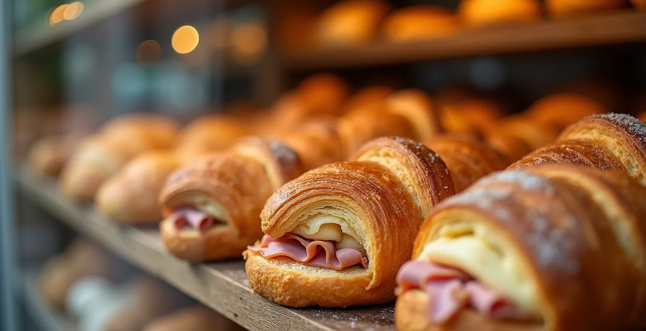 Vitrine de boulangerie française avec sandwichs, quiches et viennoiseries