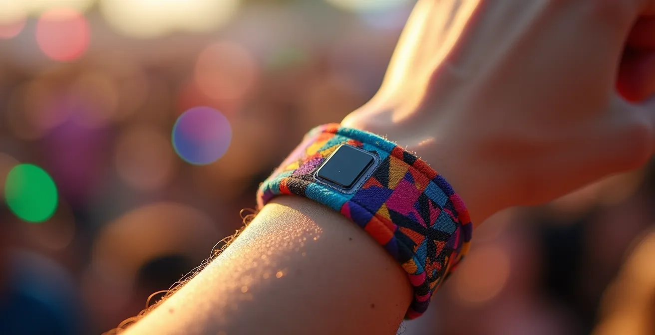 Gros plan sur une main portant un bracelet de festival électronique coloré