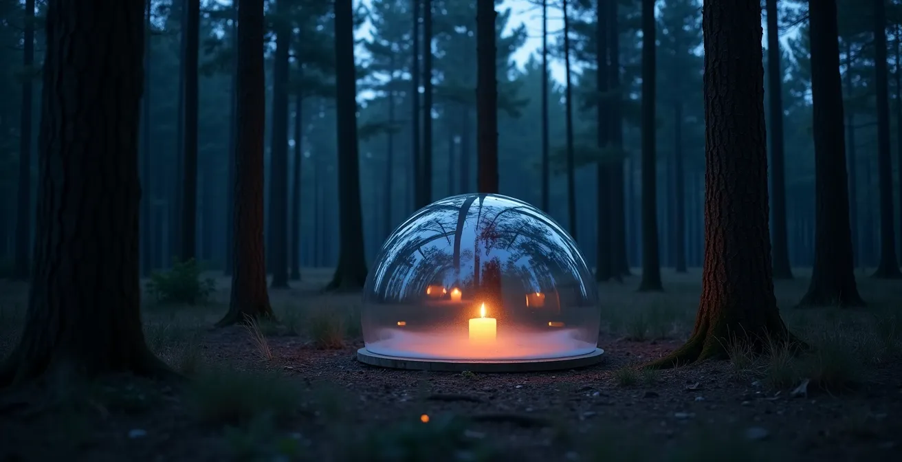 Bulle transparente nichée dans une clairière forestière isolée sous un ciel étoilé