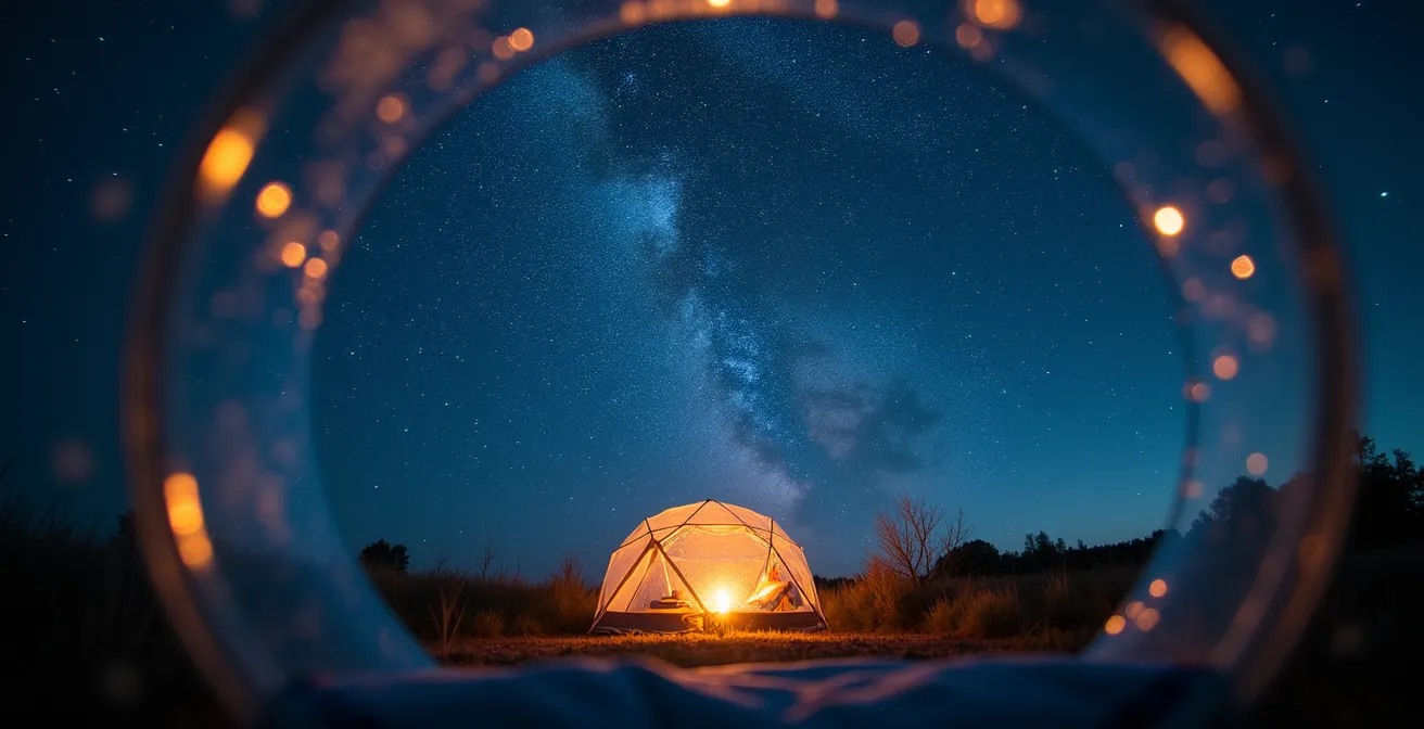 Vue depuis l'intérieur d'une bulle transparente montrant la Grande Ourse dans le ciel étoilé