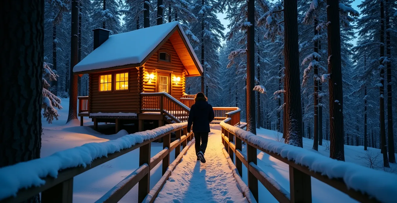 Vue d'une cabane dans les arbres en hiver montrant discrètement le chemin vers les sanitaires