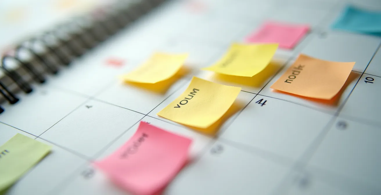 Macro sur écran montrant un calendrier avec des marqueurs de prix colorés