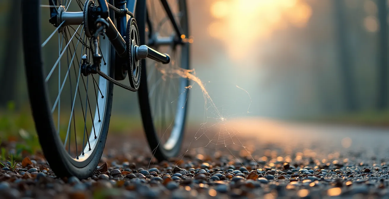 Cycliste solitaire sur chemin de halage dans la brume matinale avec perspective infinie