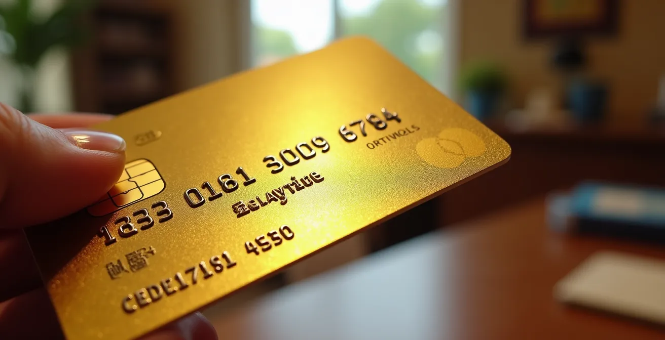 Gros plan sur une main tenant une carte bancaire dorée avec des documents flous en arrière-plan