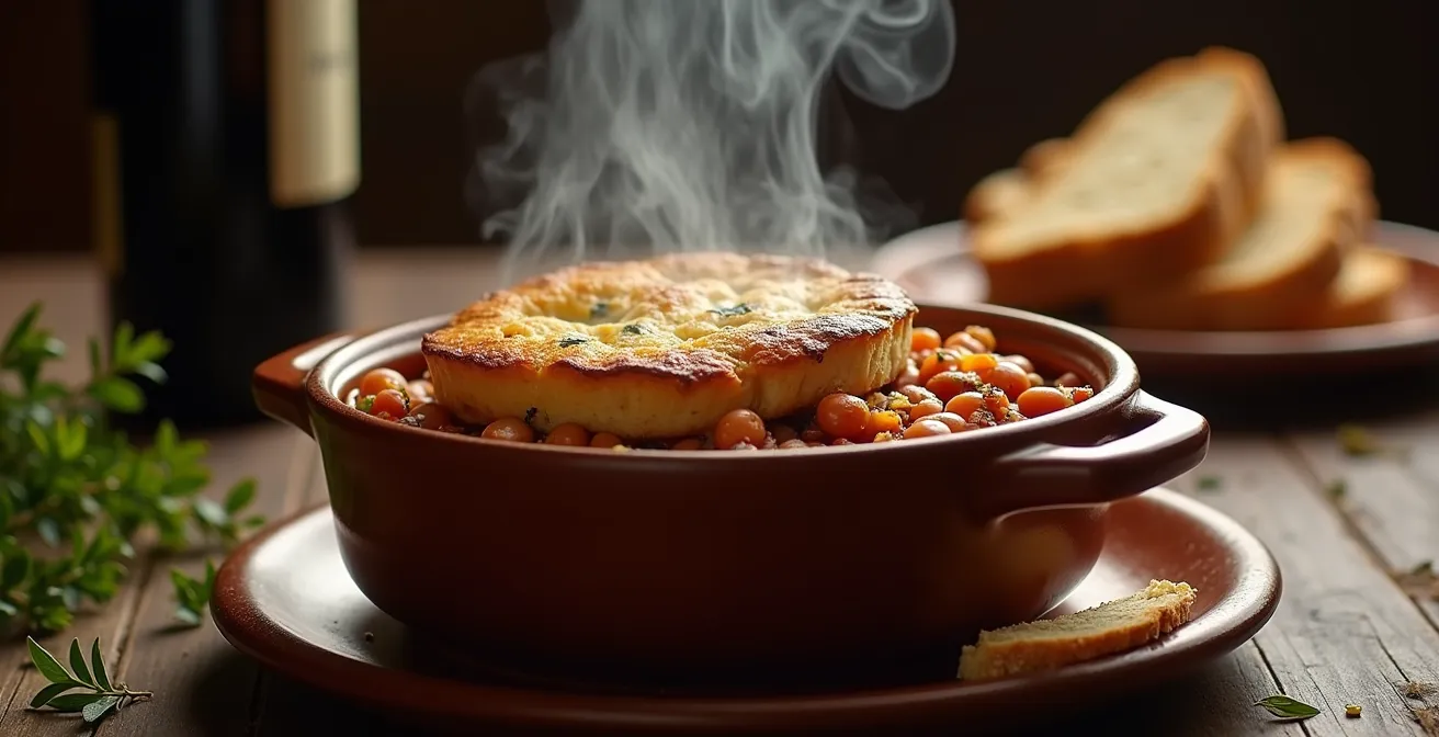 Cassoulet dans sa cassole traditionnelle en terre cuite fumante