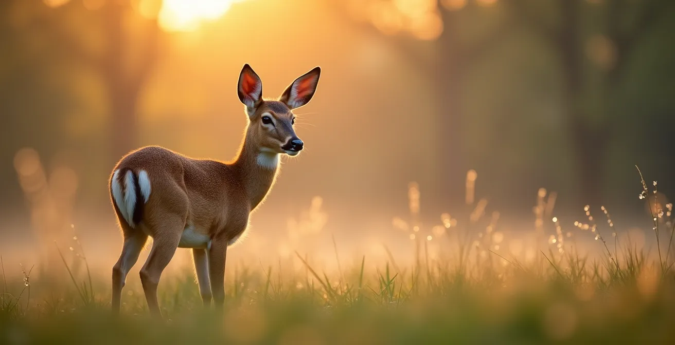 Chevreuil gracieux dans une prairie couverte de rosée matinale avec brume légère en arrière-plan