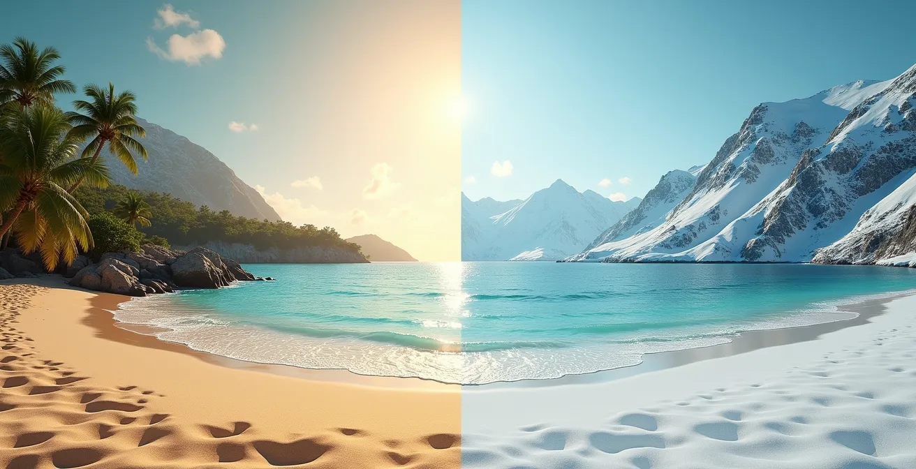 Contraste visuel entre plage tropicale et montagne enneigée montrant la différence climatique