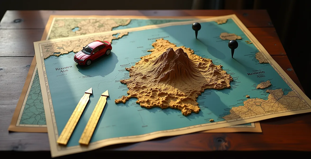 Vue aérienne comparative montrant l'île de La Réunion superposée sur une carte de la Nouvelle-Aquitaine