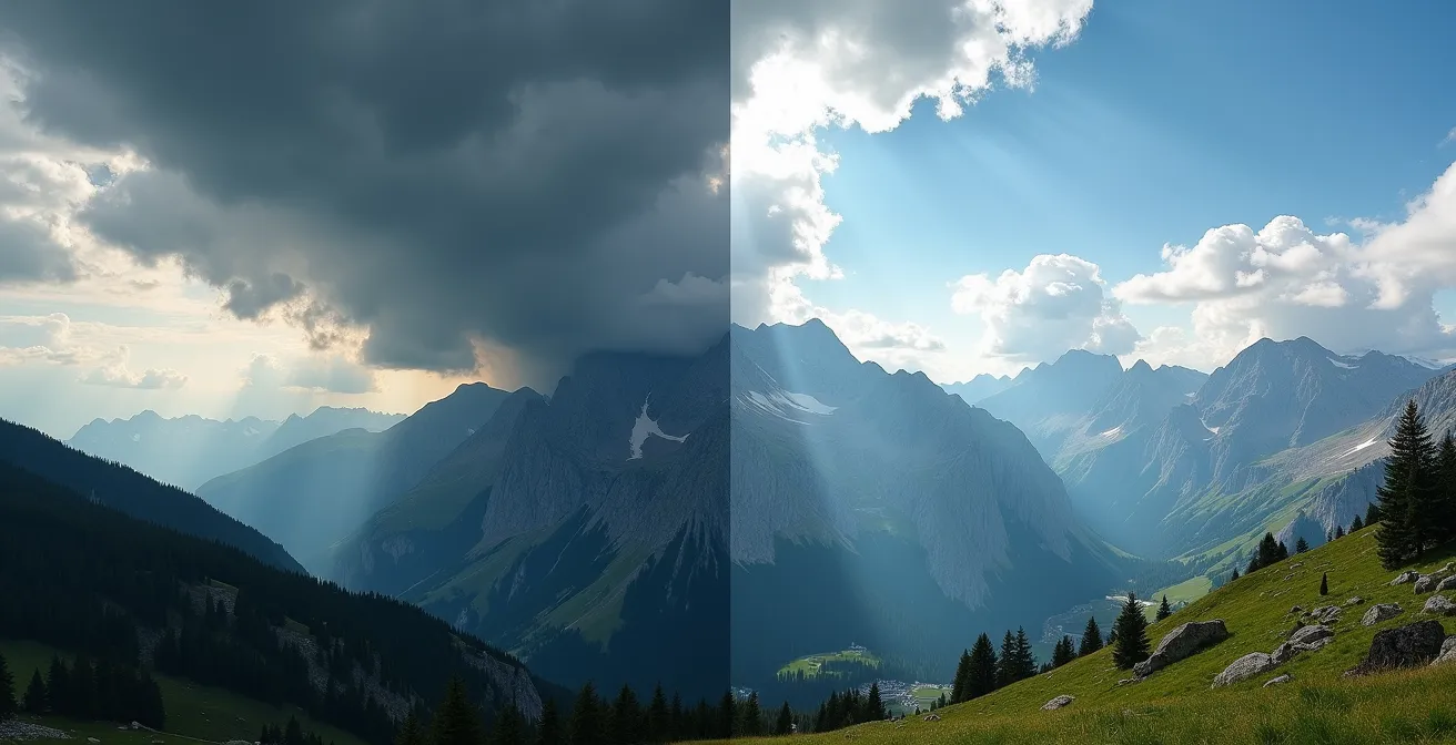 Vue comparative montrant la formation rapide d'un orage en montagne alpine