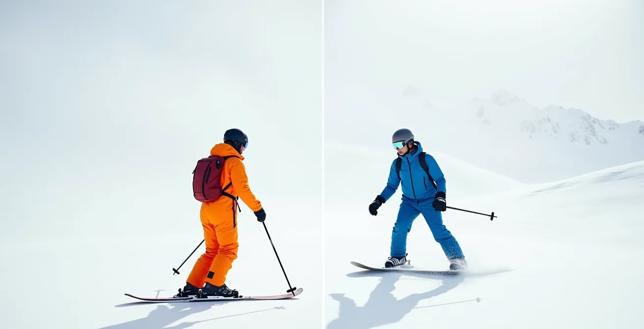 Comparaison visuelle des positions corporelles entre ski et snowboard pour un surfeur