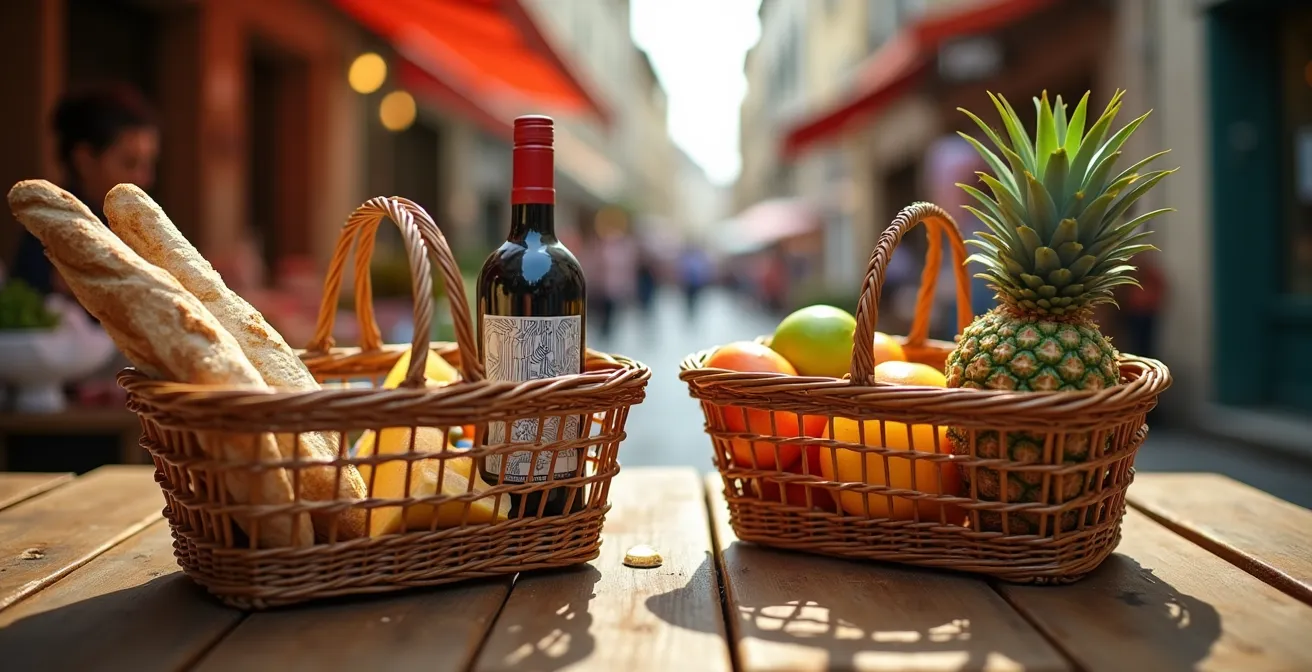 Deux paniers de courses, l'un avec des produits de métropole, l'autre avec des produits de la Réunion, pour comparer les coûts.