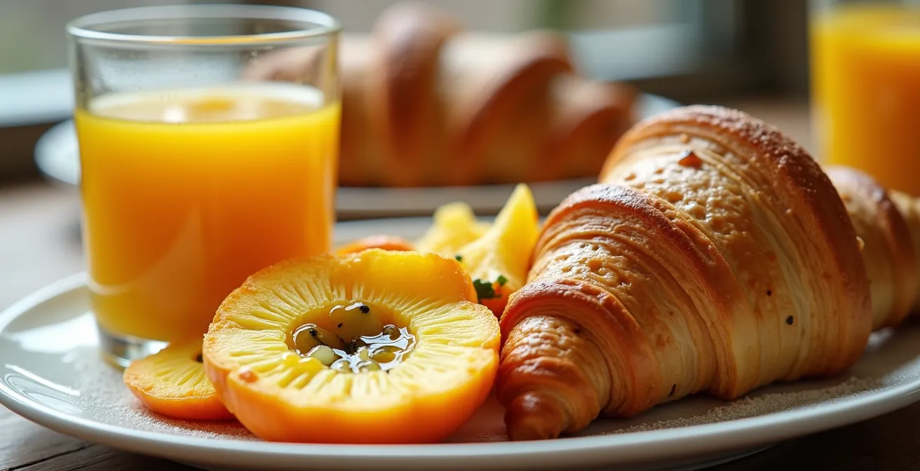 Vue macro de fruits tropicaux frais et viennoiseries sur deux buffets contrastés