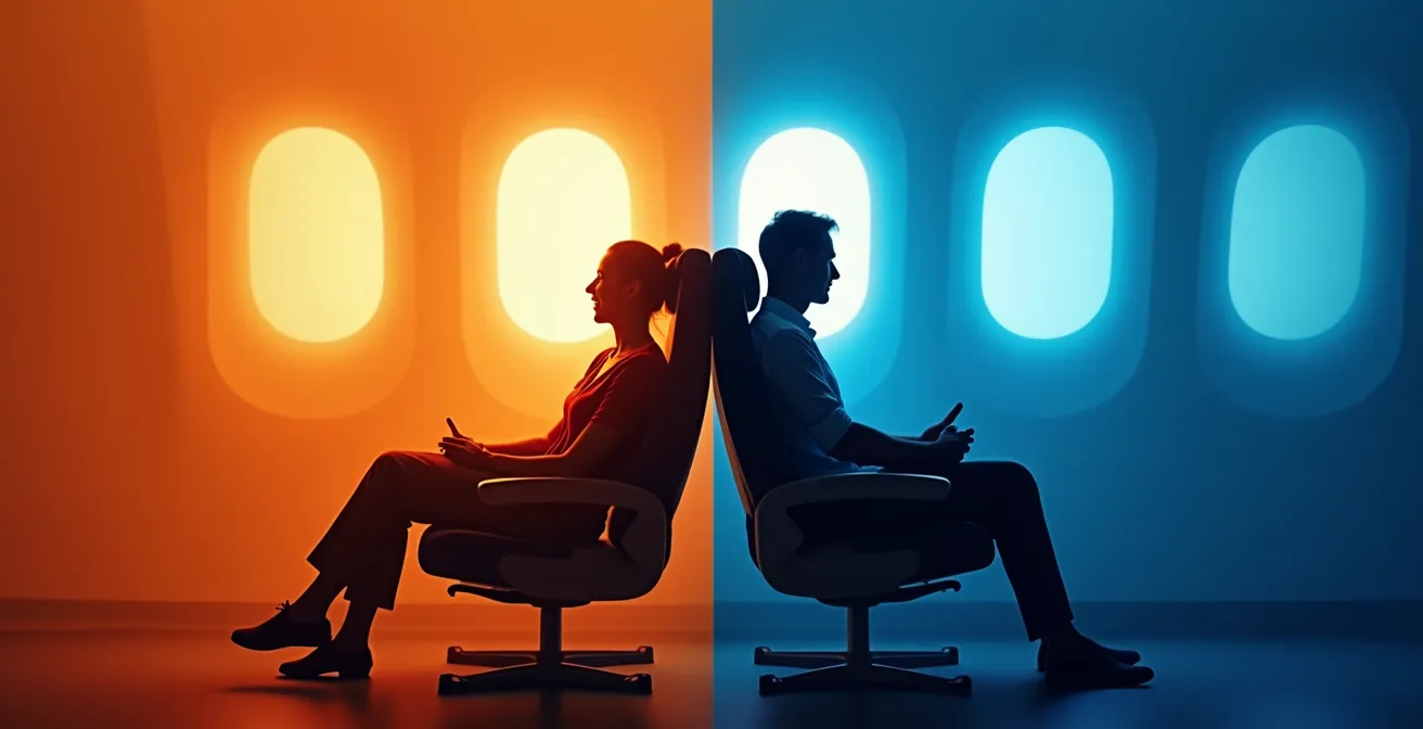 Vue comparative entre un siège standard inclinable et un siège d'issue de secours non inclinable dans un avion