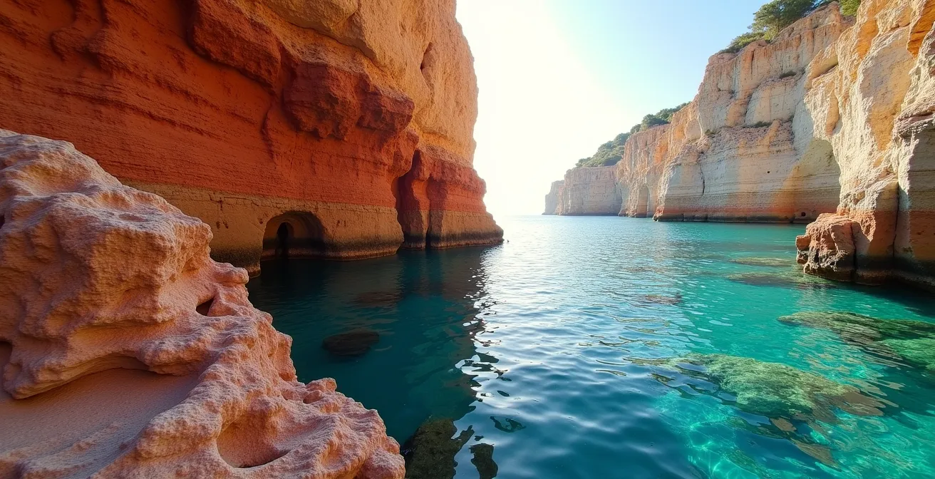 Vue aérienne contrastée montrant les falaises rouges volcaniques de l'Estérel face aux falaises calcaires blanches des Calanques