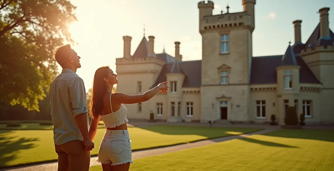 Couple réunionnais admirant les tours d'un château de la Loire pendant leur séjour estival