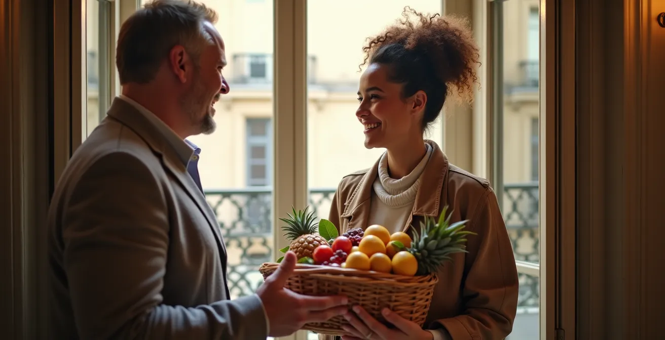 Résidents d'immeuble parisien échangeant des sourires dans un hall d'entrée
