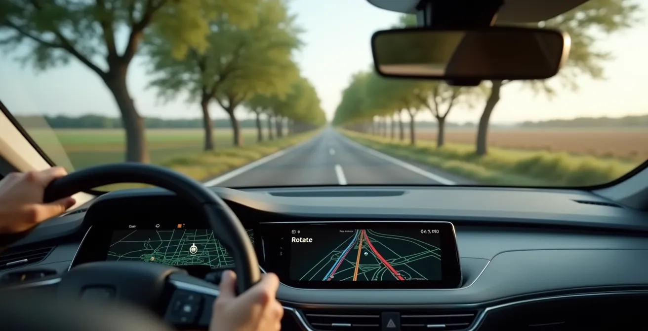 Interface de navigation GPS montrant un itinéraire optimisé entre autoroutes et routes nationales