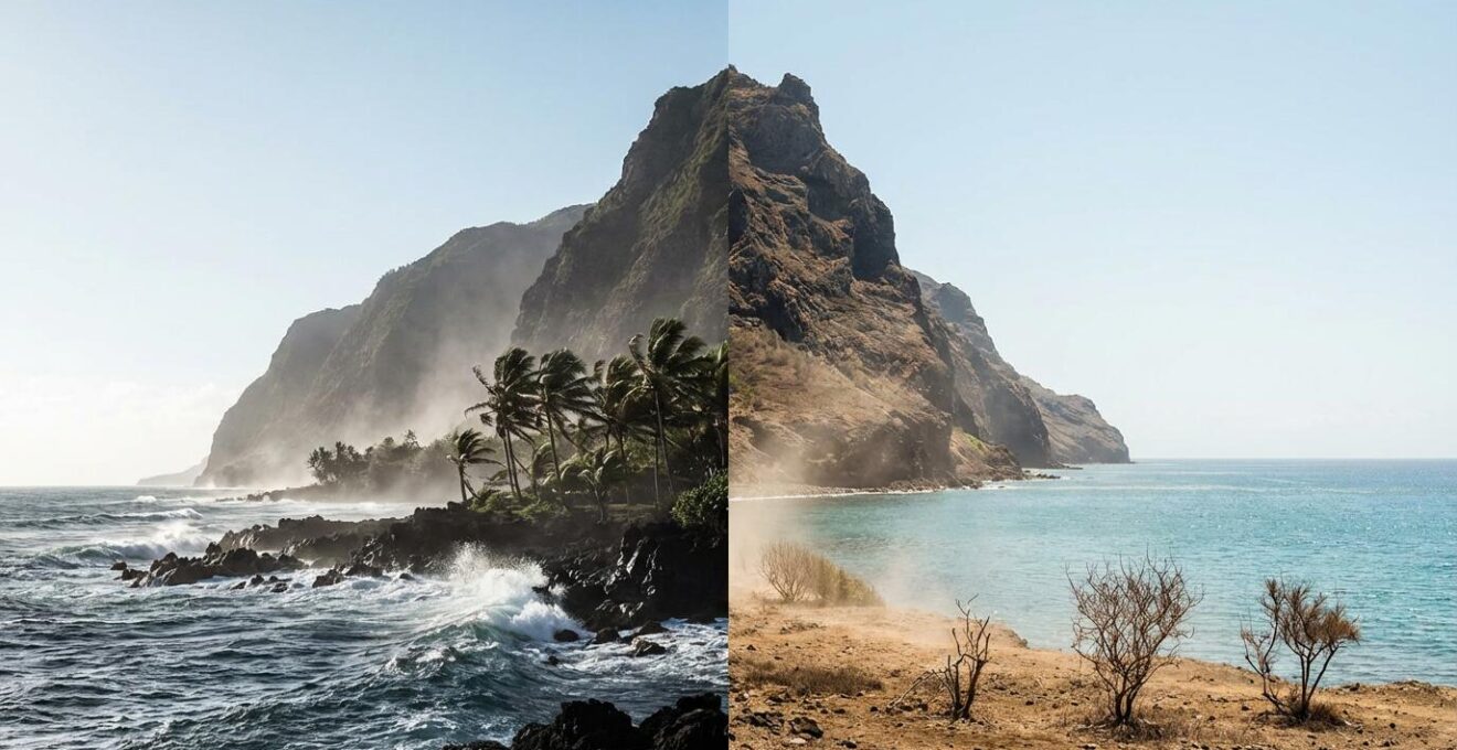 Alizés créant des différences de température entre la côte au vent fraîche et humide à l'est, et la côte sous le vent chaude et sèche à l'ouest de La Réunion.