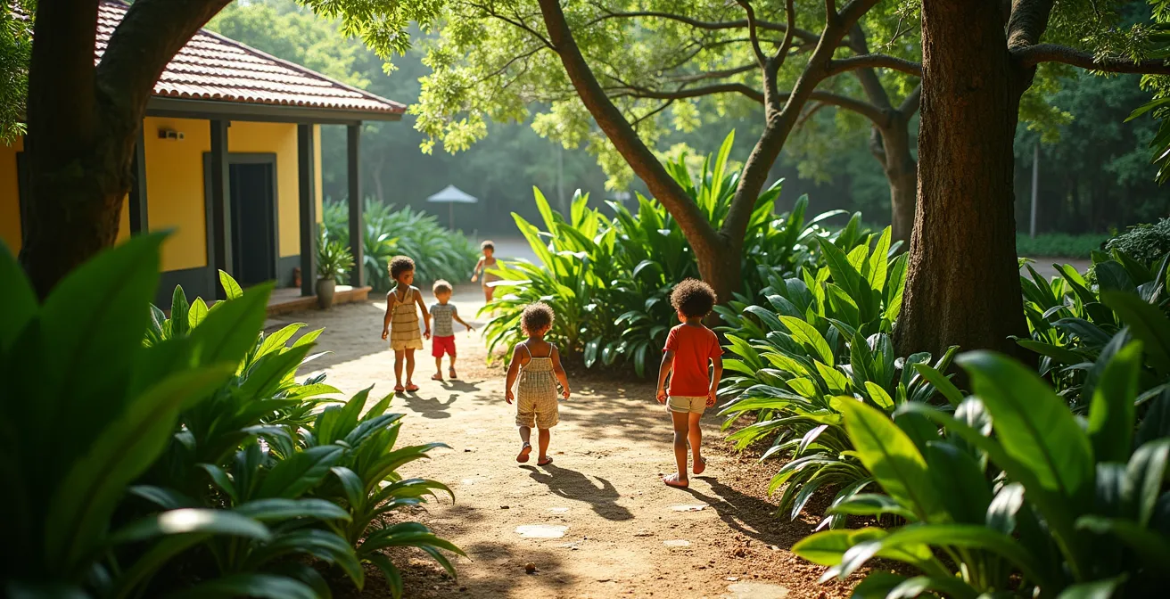 Enfants réunionnais jouant dans un jardin tropical d'une résidence de vacances