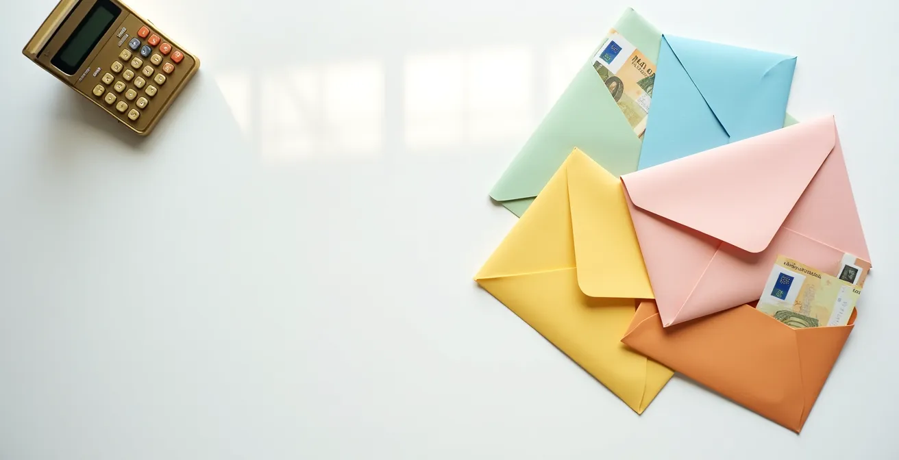 Plusieurs enveloppes de couleurs différentes, symbolisant la planification des différents postes de budget pour un voyage.