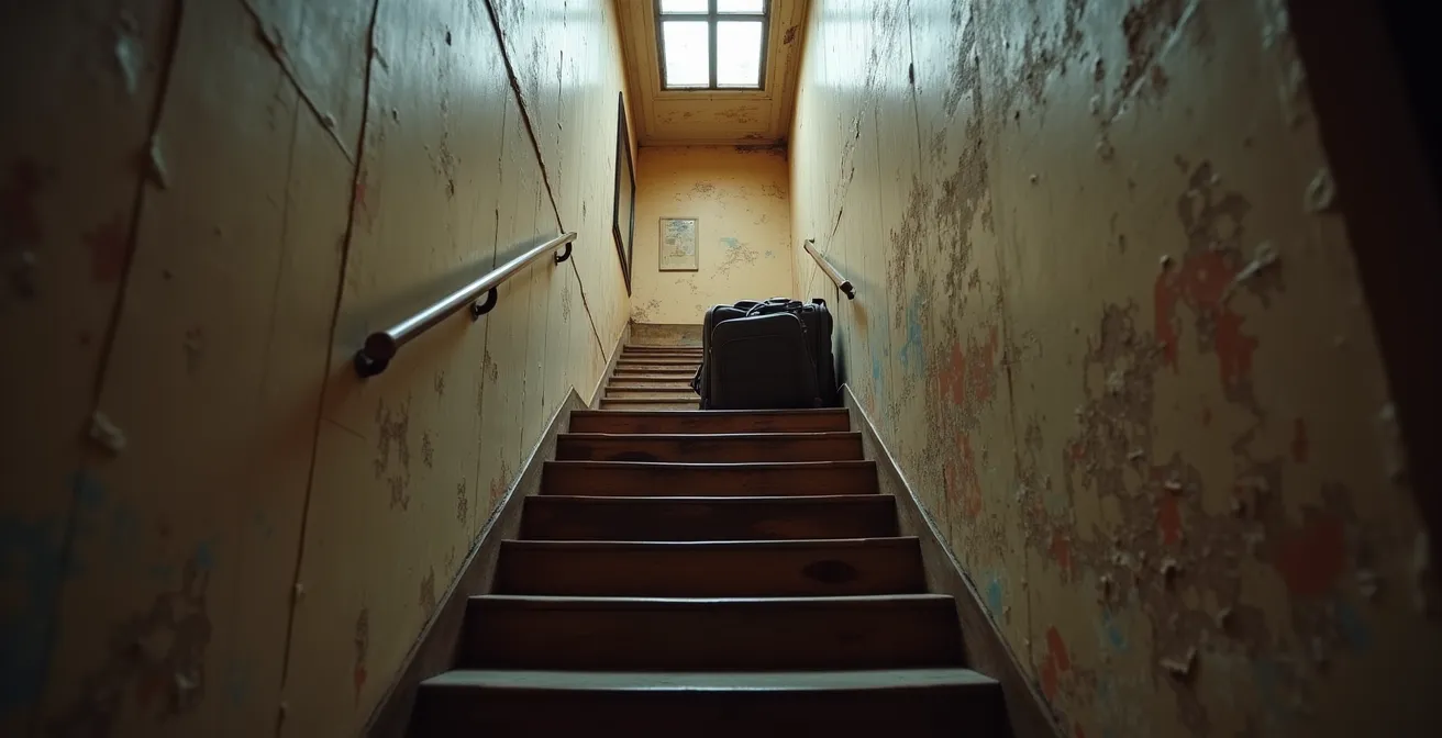 Cage d'escalier étroite d'un immeuble ancien avec valises posées sur les marches