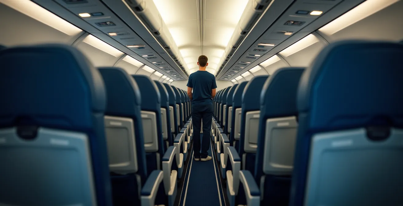 Passager de grande taille effectuant des étirements discrets dans un avion