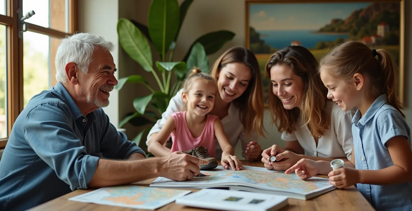 Une famille réunionnaise autour d'une table planifiant leur itinéraire avec cartes et guides