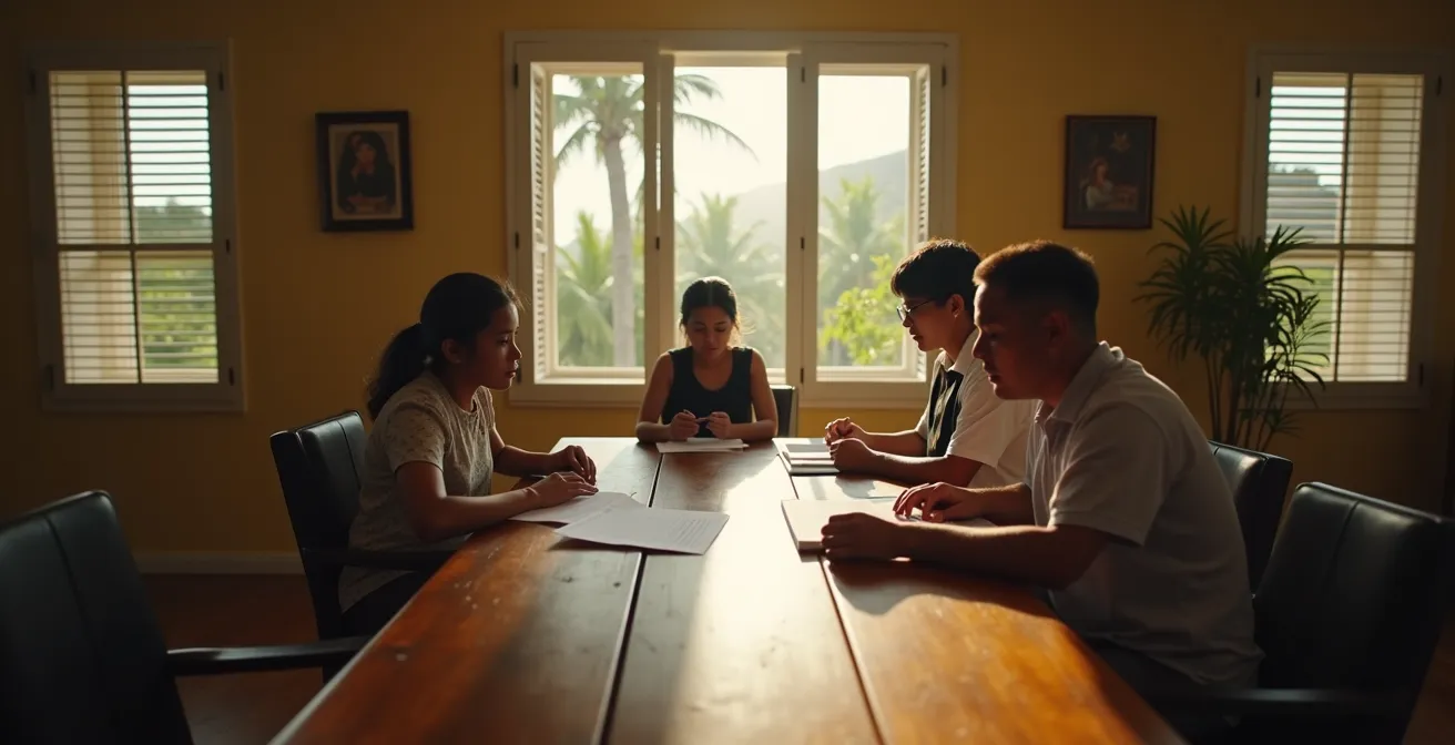 Une famille réunionnaise consulte des documents d'assurance autour d'une table, ambiance solennelle et recueillie