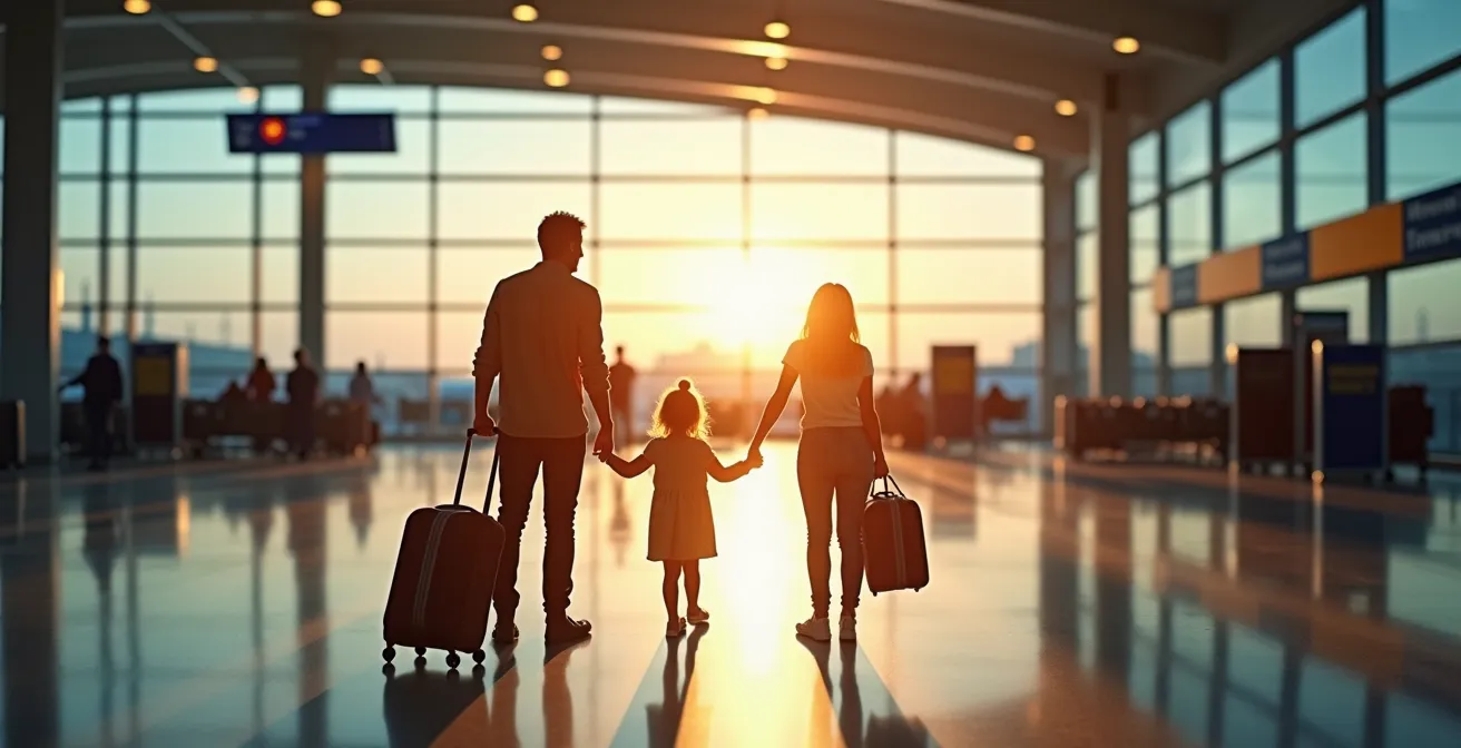 Famille réunionnaise souriante dans un aéroport avec bagages, vue grand angle