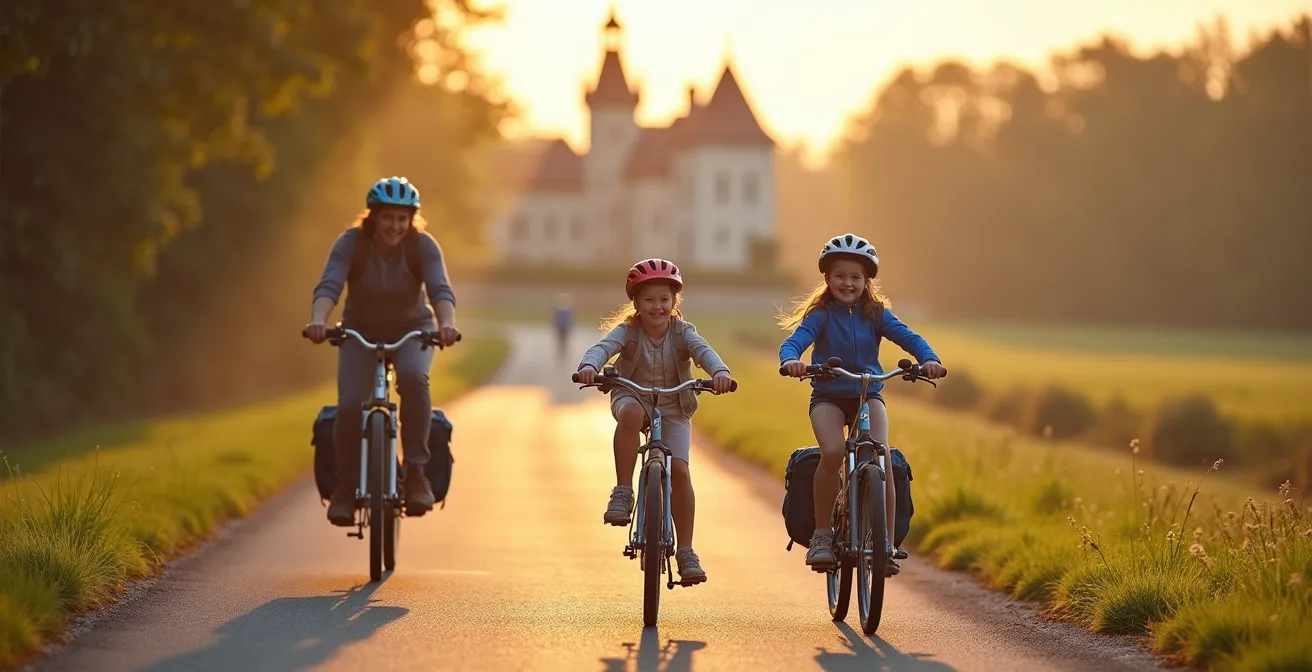 Famille à vélo sur la piste cyclable sécurisée de la Loire avec château en arrière-plan