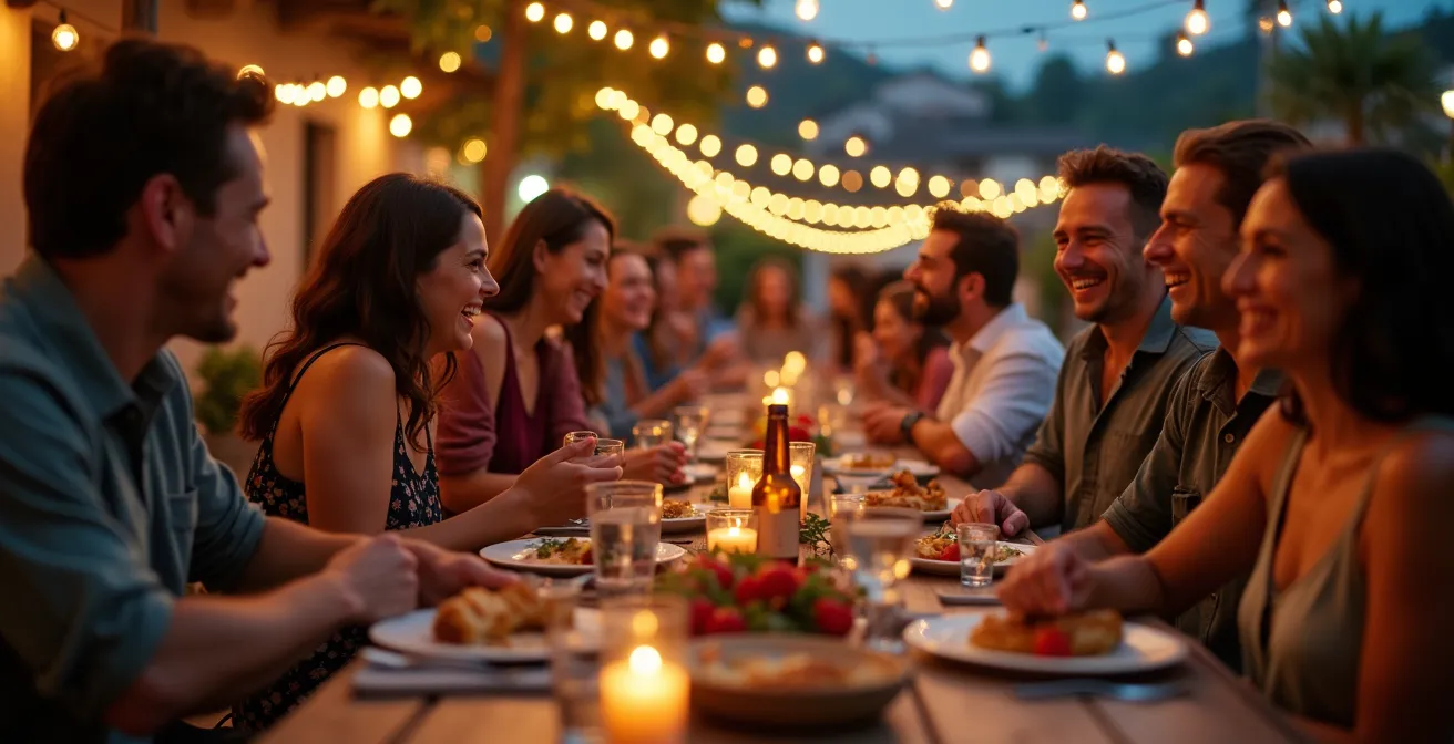 Scène animée d'une fête de village française avec guirlandes lumineuses, tables communes et habitants partageant un repas en plein air