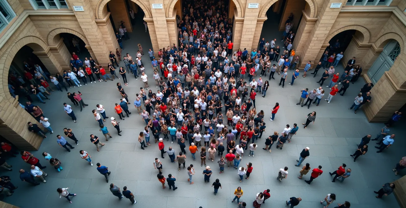 Vue plongeante sur une foule dense de touristes formant des motifs abstraits autour d'un monument historique