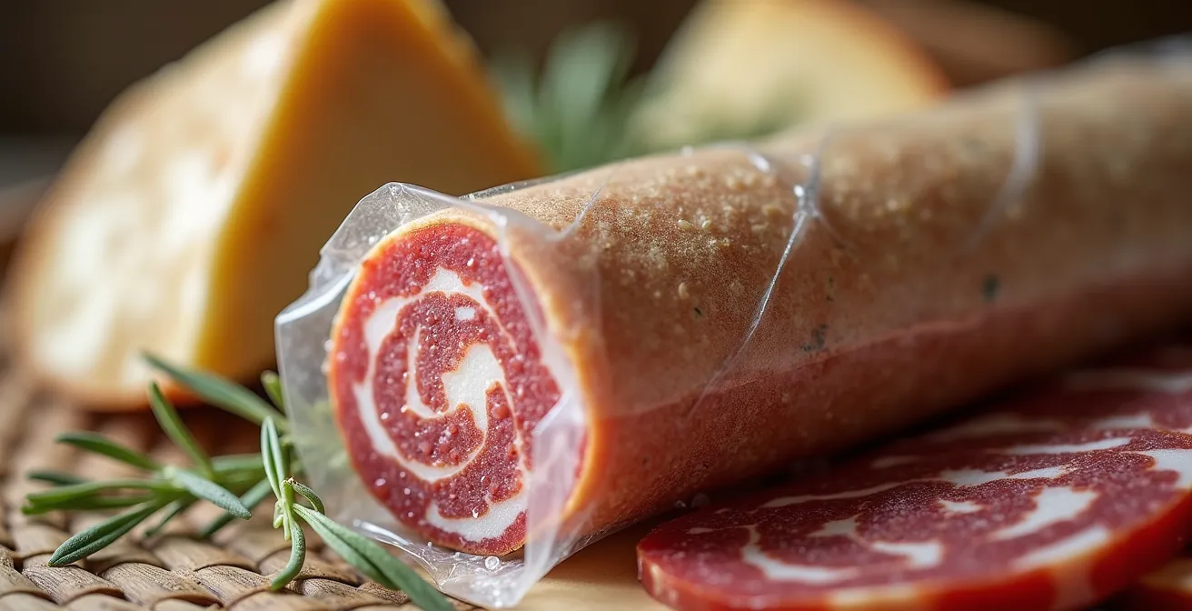 Détail macro de fromages provençaux et saucissons sous-vide prêts pour le voyage