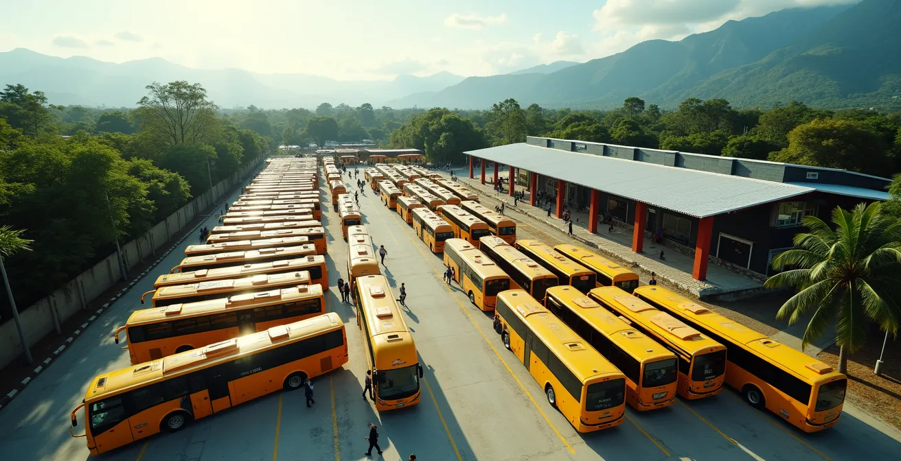 Vue aérienne de la gare routière avec plusieurs bus jaunes et voyageurs en attente