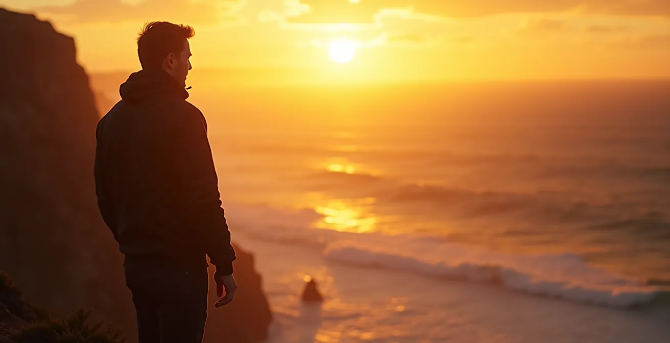 Route côtière atlantique baignée par la lumière dorée du coucher de soleil avec ombres longues sur le sable