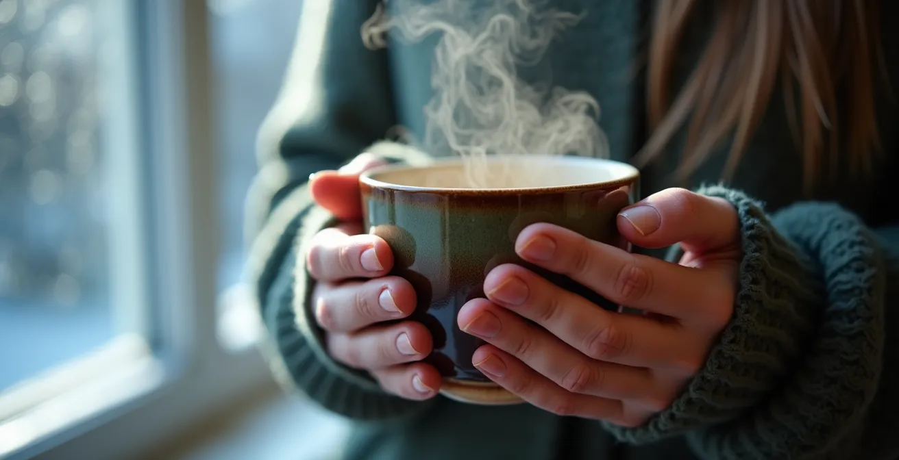Mains tenant une tasse de tisane fumante avec condensation sur la fenêtre givrée en arrière-plan