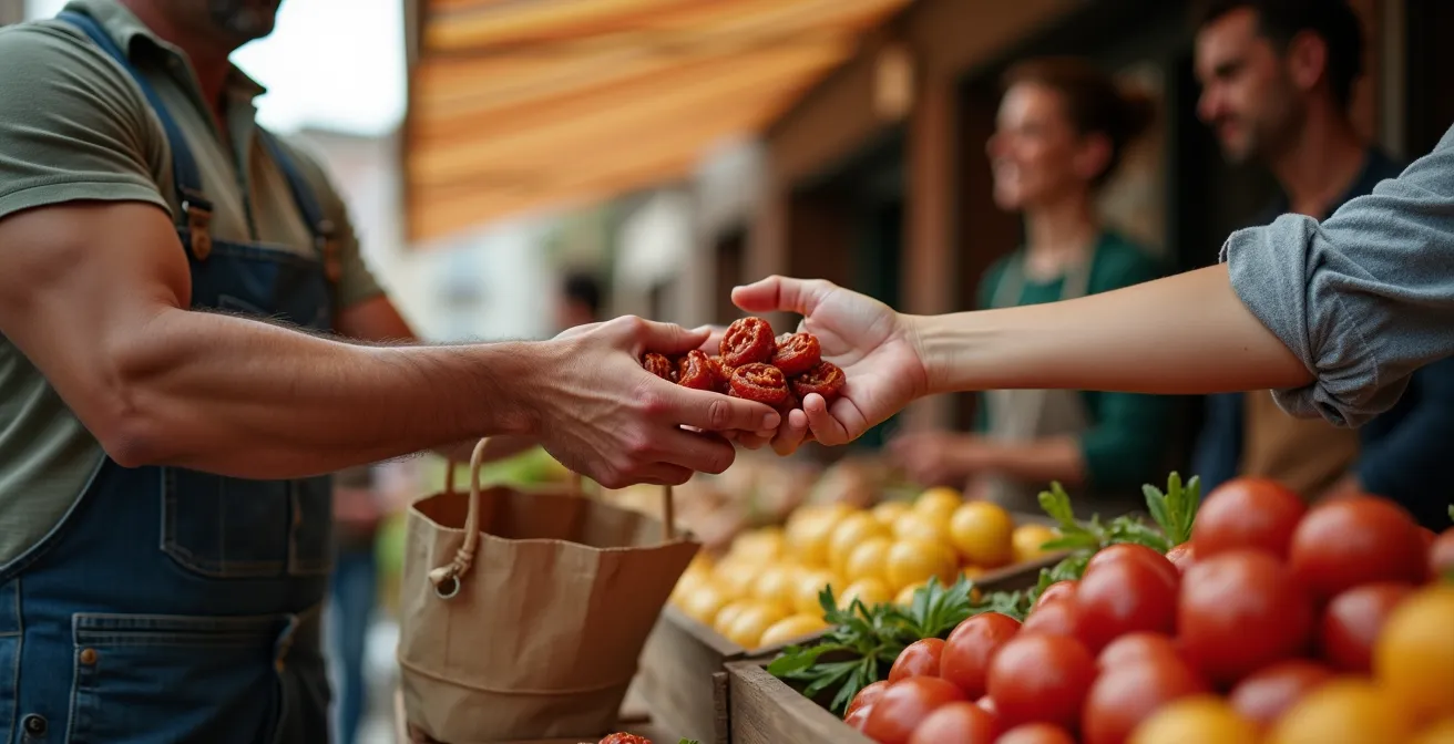 Échange chaleureux entre un vendeur provençal et des clients sur un marché traditionnel