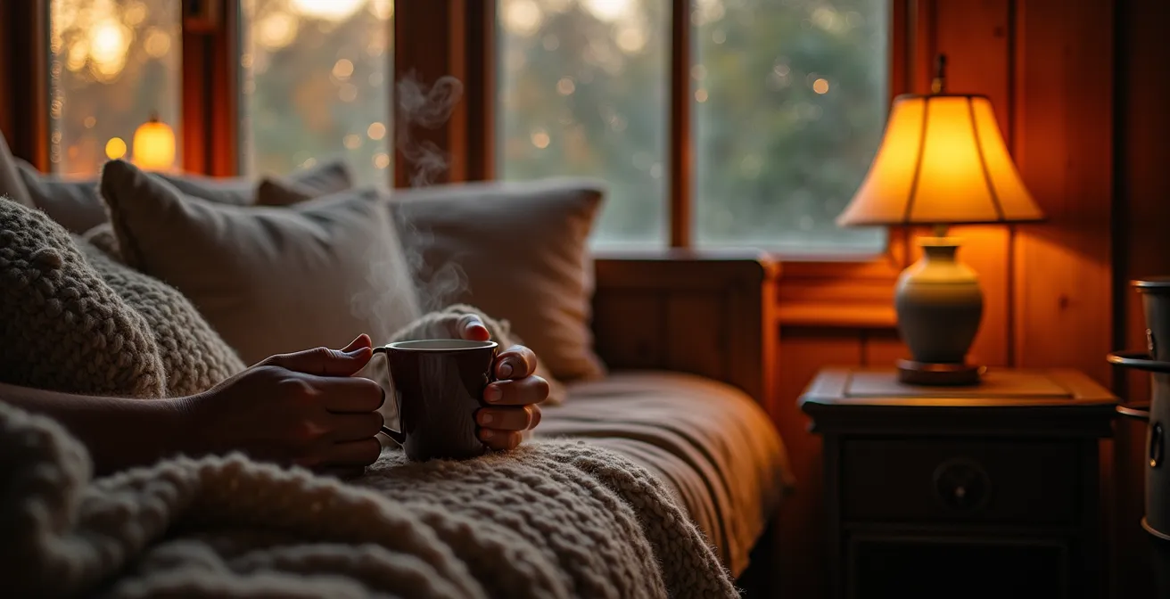 Intérieur douillet d'une péniche avec chauffage d'appoint et textiles chauds en automne