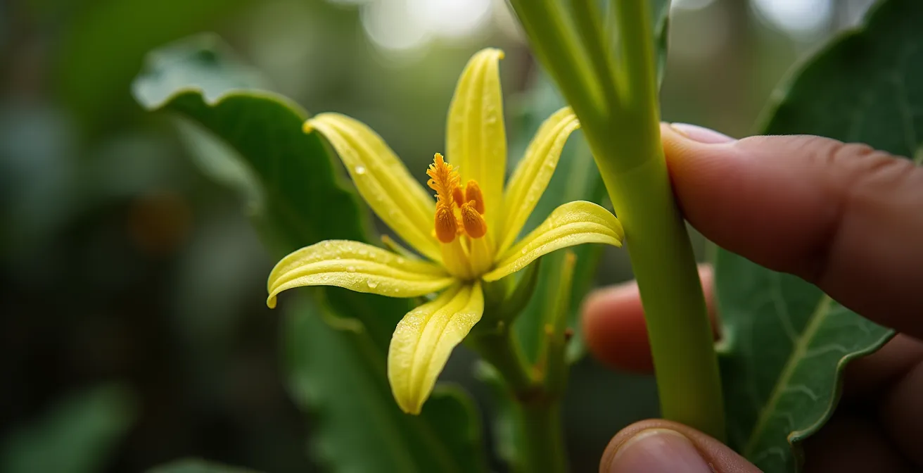 Jardin créole luxuriant avec vanilliers grimpant sur tuteurs et caféiers en sous-bois