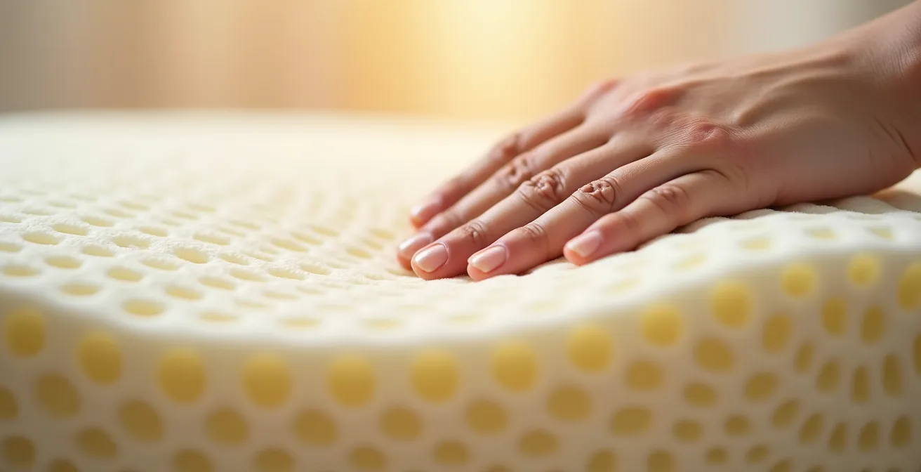 Détail macro de la texture d'un oreiller en mousse à mémoire de forme montrant sa structure alvéolaire