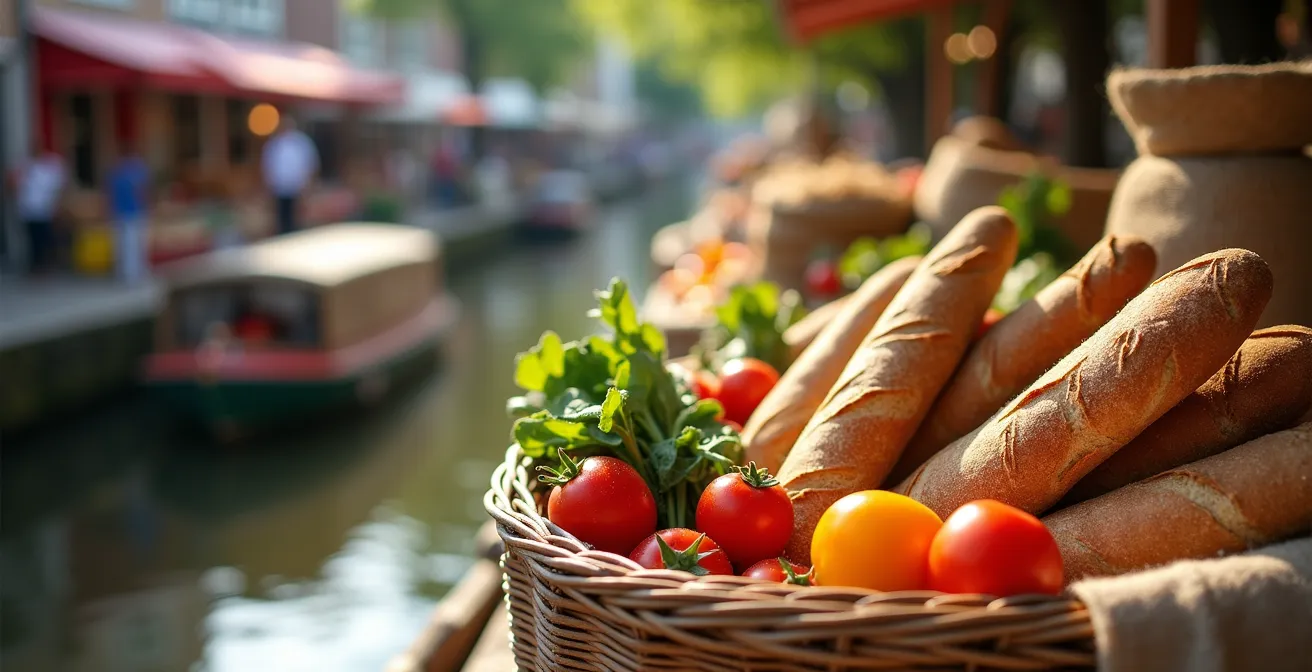 Marché de village pittoresque le long d'un canal avec étals de produits locaux et péniche amarrée