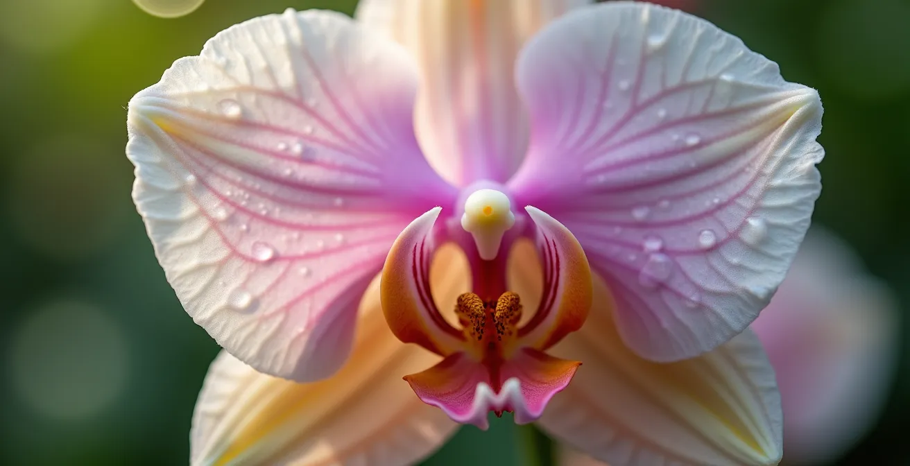 Détail macro d'une orchidée sauvage de forêt tempérée avec ses pétales délicats