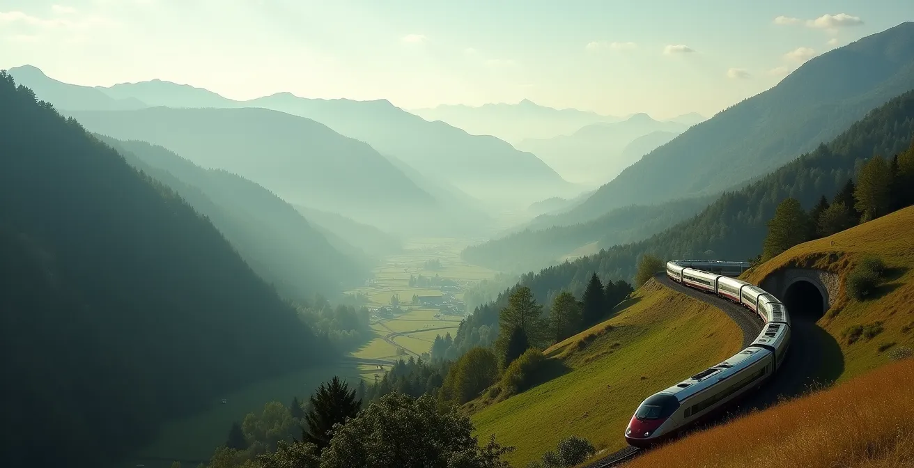 TGV traversant une vallée française verdoyante avec montagnes en arrière-plan