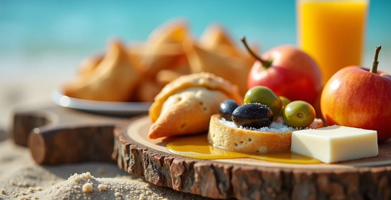Table de pique-nique sur une plage avec deux styles de repas côte à côte, méditerranéen et créole