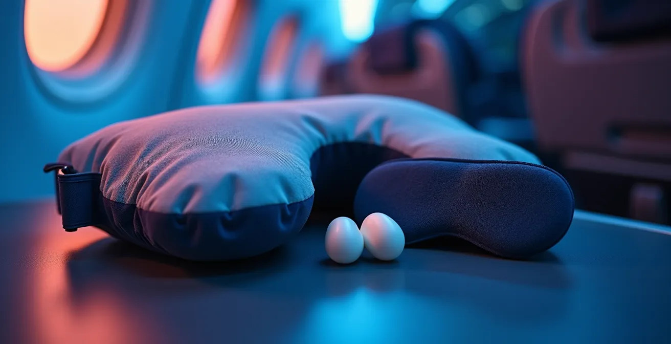 Préparation au sommeil dans un avion avec accessoires de voyage
